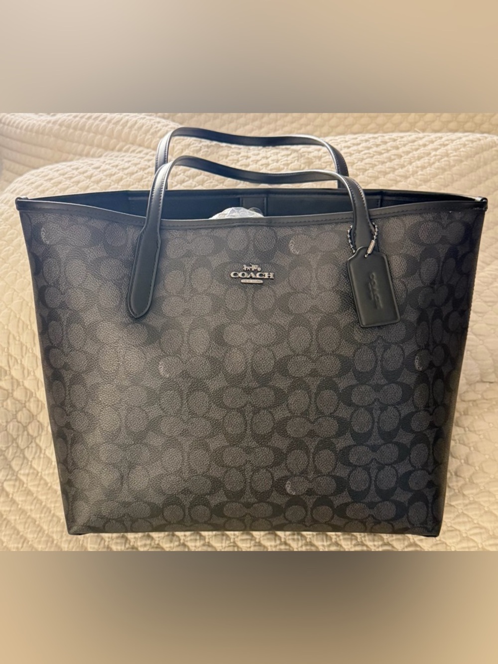 COACH Black/Gray Signature Canvas Tote with Leather Trim